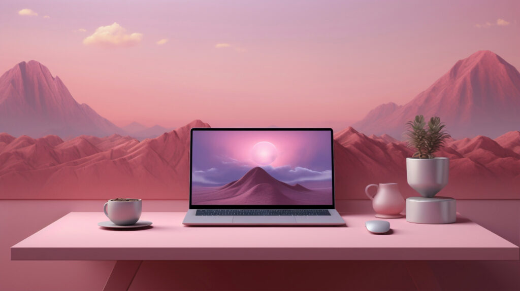 A laptop on a table with a cup of coffee and a mug on it.