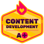 An a+ content development badge featuring a heart and a downward arrow inside a star.